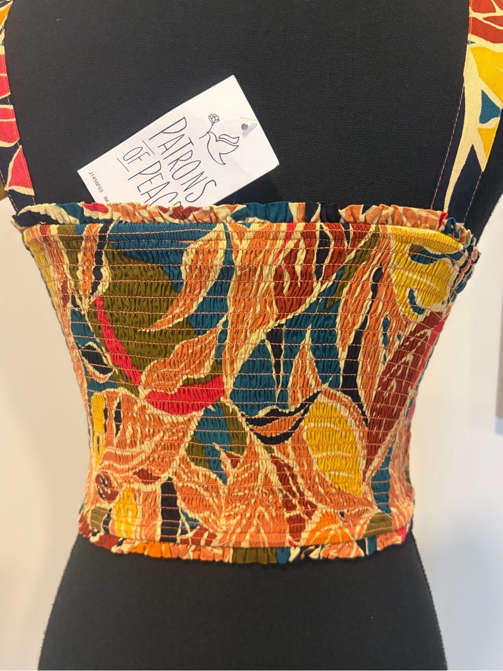 Patrons of Peace Tropical Print Tie-Shoulder Smocked Ruffled Crop Top NWT! - Picture 8 of 10